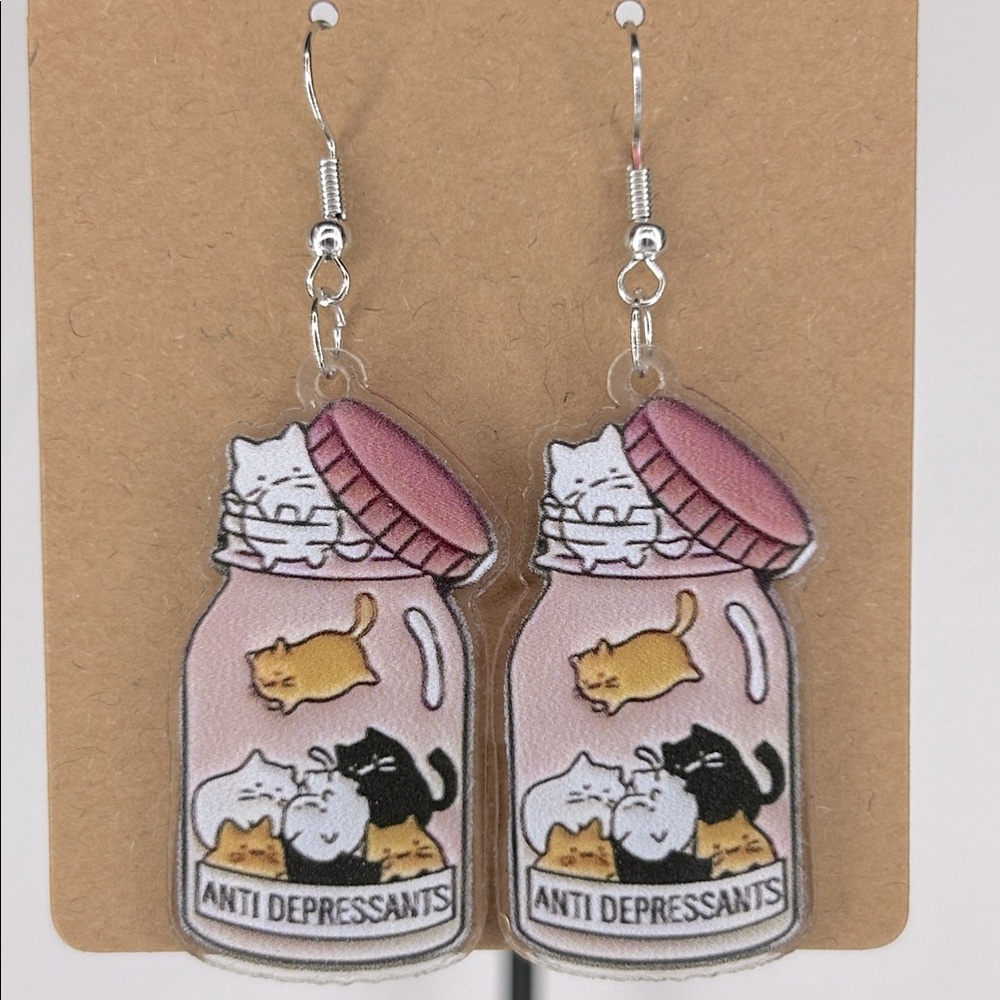 Cat “Anti Depressants” Dangle Earrings 2D Acrylic Fashion Jewelry